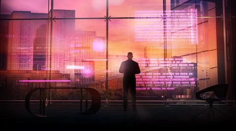 A man writes code using virtual reality panel, 3D render. Illustrazione stock