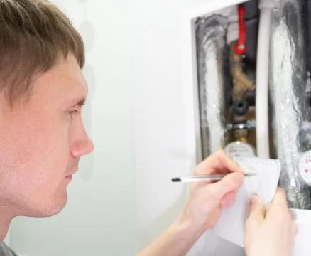 A man writes down the readings of water meters with a pen on paper. Stock Photos