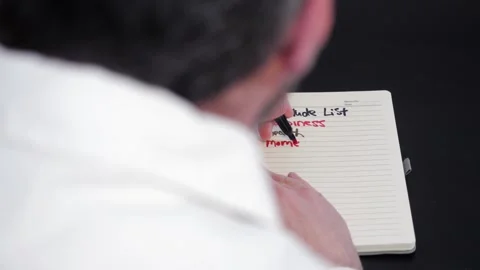 Man Writes Gratitude Lists in Journal with Markers Stock Footage 325446666
