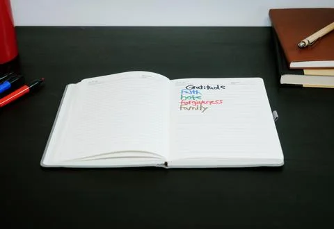 Man Writes Gratitude Lists in Journal with Markers 스톡 사진