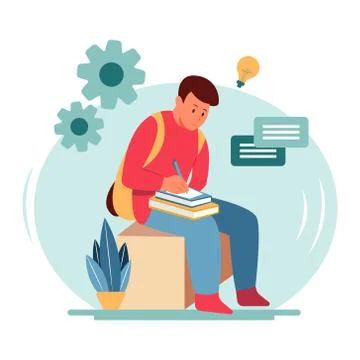 A man writes the idea he gets while thinking on paper flat illustration conce Stock Illustration