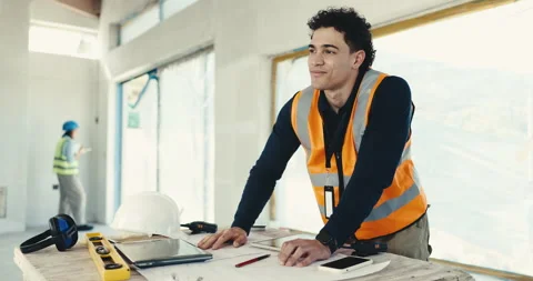 Man, writing and thinking at construction site with blueprint, engineering Stock Footage 344944759