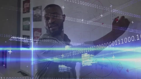 Man writing on board, red marker, beginning diagrams, teaching tech while binary Video stock 332281726