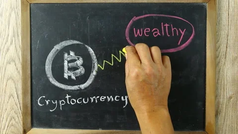 Man writing  cryptocurrency  create wealthy sign on blackboard , in  studio  Chi Stock Footage 166603180