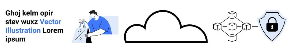 Man writing on a document, cloud icon, networked nodes, and a lock shield rep Illustrazione stock