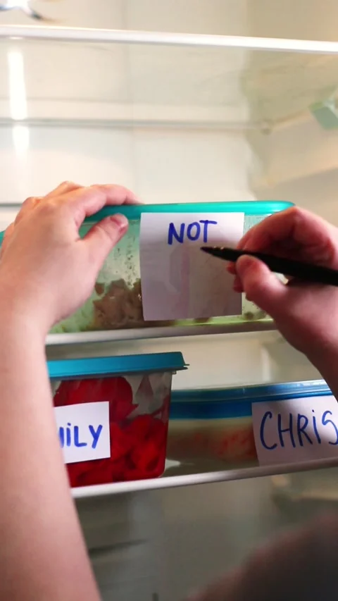 Man writing dramatic and angry note on meal container in work fridge. Office Stock Footage 312011722