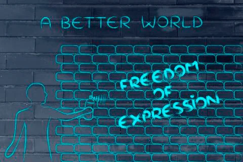Man writing Freedom of Expression as wall graffiti, caption A better world 스톡 일러스트