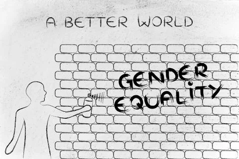 Man writing Gender Equality as wall graffiti, caption A better world Stock Illustration