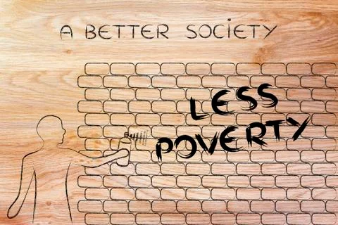 Man writing Less Poverty as wall graffiti, a better society Stock Illustration