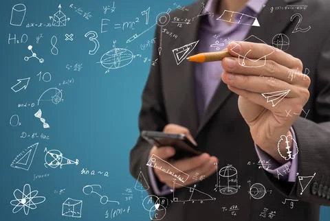 Man writing math formulas on the screen Stock Photos