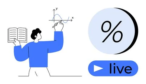 Man Writing Mathematical Graph While Holding Book Next to Percentage Symbol.. Ilustração Stock