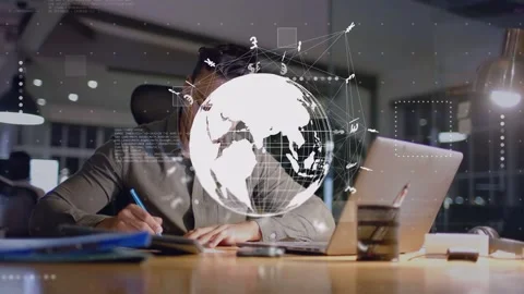 Man writing notebook, laptop input activating rotating finance globe analyzing Stock Footage 335761759