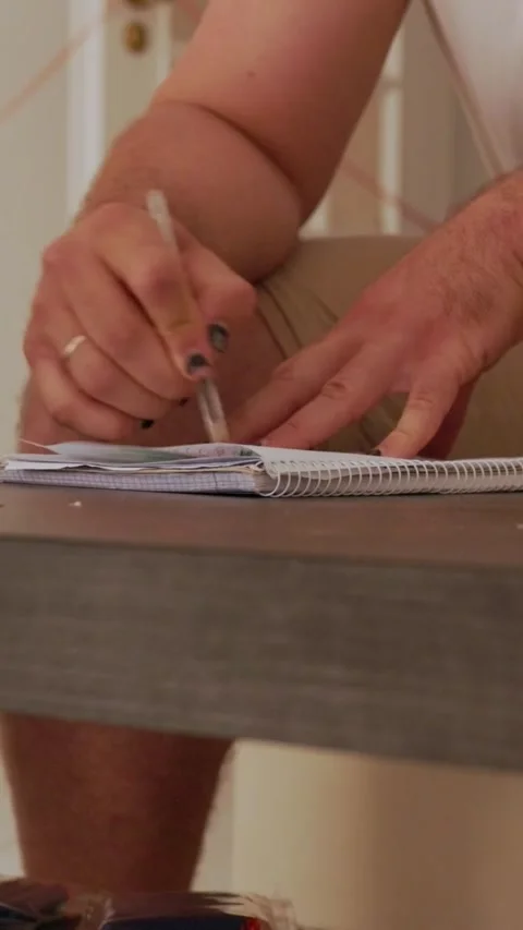 Man writing notes on notepad in split screen Stock Footage 327862570
