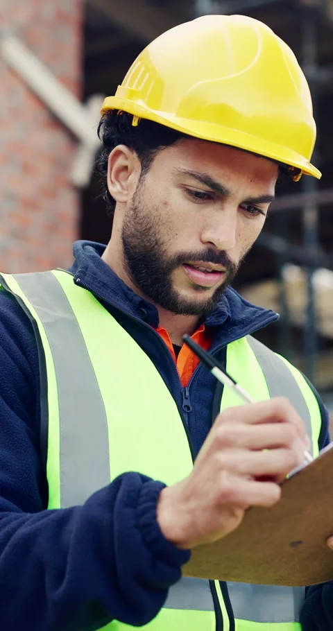 Man, writing or clipboard on construction site for survey, progress report or Stock Footage 336776889