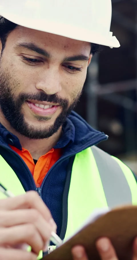 Man, writing or clipboard on construction site for review, progress report or Stock Footage 336776982