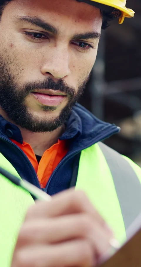 Man, writing or clipboard on construction site for checklist, progress report or Stock Footage 336795591