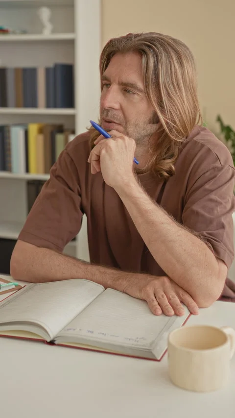 Man writing with pen in open notebook at a tidy studio desk, forearm restin.. Stock Footage 337376007
