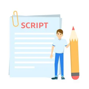 Man writing script for movie or blog. Guy standing Illustrazione stock