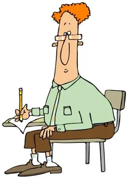 Man writing at a student desk Stock Illustration