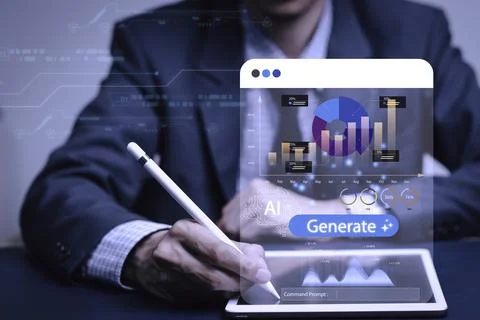 A man is writing on a tablet with a Generate button Stock Photos