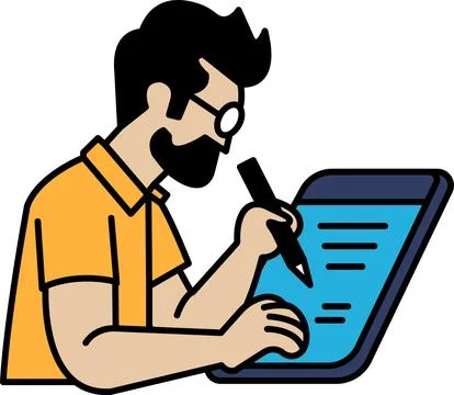 A man is writing on a tablet with a pen Stock Illustration