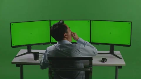 Man Yawning Before Sleeping While Working With Mock Up Multiple Computer Monitor Stock Footage 249625824