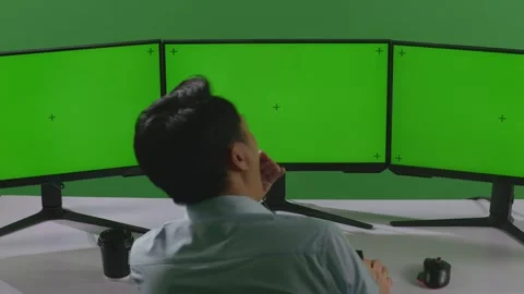 Man Yawning Before Sleeping While Working With Mock Up Multiple Computer Stock Footage 249634123