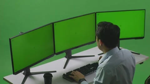 Man Yawning Before Sleeping Working With Mock Up Multiple Computer Monitor Stock Footage 249634892