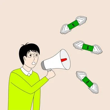A man is yelling into a microphone while holding a bunch of money Stock Illustration