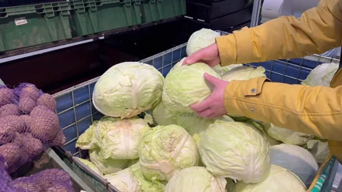 A man in a yellow jacket chooses a head of cabbage in a store Video stock 177109073