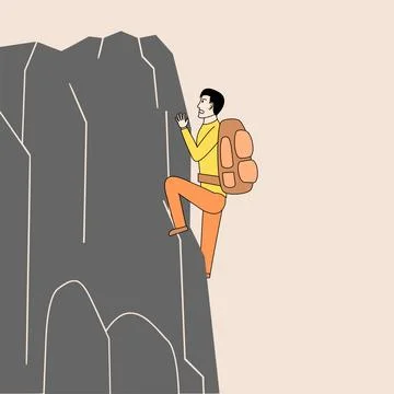 A man in a yellow jacket is climbing a mountain with a backpack Stock Illustration