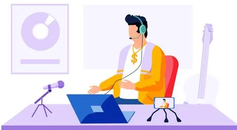 Man in a yellow sweater sits at the table. Man shoots video and read th message Stock Illustration
