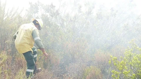 Man in yellow vest &amp; hard hat holding radio at bush wildfire stamping on ground 動画素材 84252151