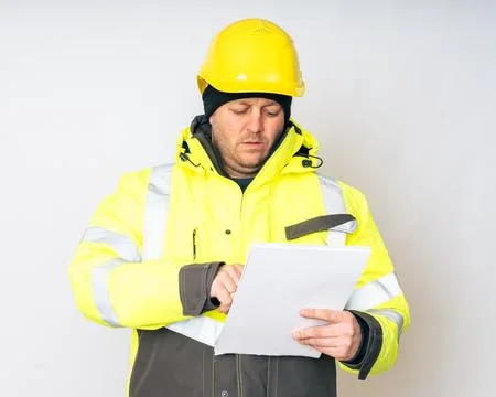A man in a yellow working winter jacket, yellow safety helmet with papers in his 写真素材
