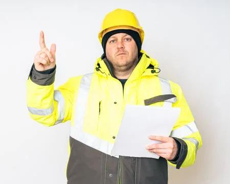 A man in a yellow working winter jacket, yellow safety helmet with papers in his 写真素材