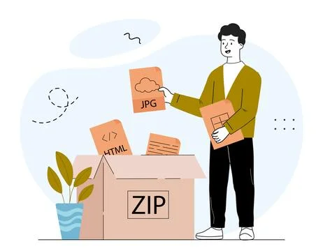 Man with zip files. Young guy with pictures and images in folder. Electroonic Stock Illustration