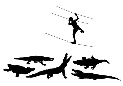 Man zip line over crocodile open jaws silhouette Ilustração Stock