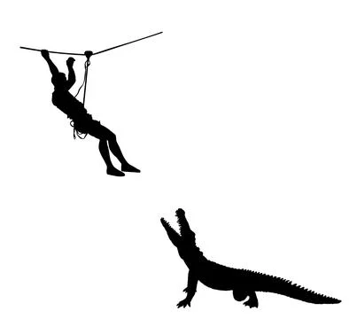 Man zip line over crocodile open jaws silhouette Ilustração Stock