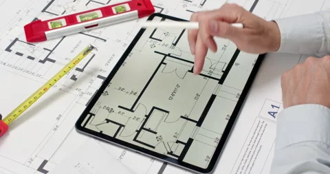 Man zooms in kitchen layout studying appliance place on tablet Stockbeeldmateriaal 314732111