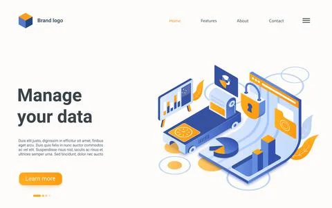 Manage data concept isometric landing page, 3d database server storage Stock Illustration