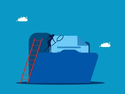 Manage document examination and analyze data. Businessman using magnifying .. Stock Illustration