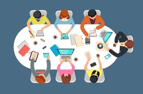 Managed team in office meeting at table top view vector illustration. Teamwork Stock Illustration