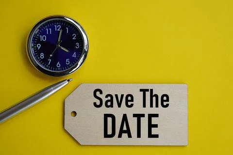 Management concept. The words save the date on wooden pieces and clock 写真素材