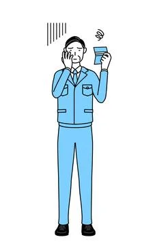 Management, managers, plant manager, a man in work wear looking at his bank.. Stock Illustration