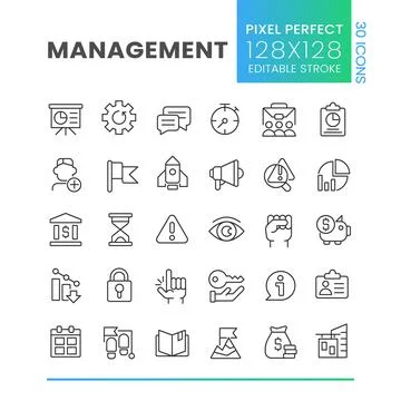 Management pixel perfect linear icons set Stock Illustration