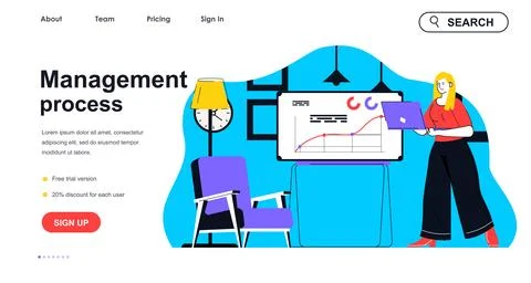 Management process concept for landing page template. Woman manager works w.. Stock Illustration