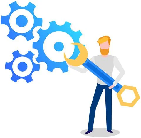 Manager adjusts some mechanism. Support and service concept. Man with wrench Stock Illustration