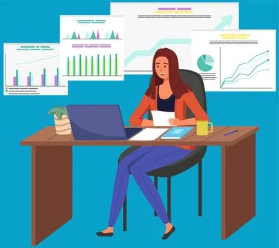 Manager analyzes data scene. Increase sales and skills. Monitoring investment Stock Illustration
