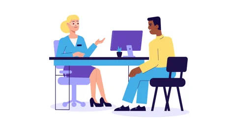 Manager and a Client animation. Worker Receptionist and customer, consultation. Stock Footage 257680632