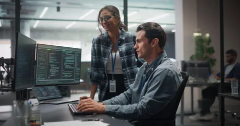 Manager and Developer Working on Computer in Office 動画素材 321012148